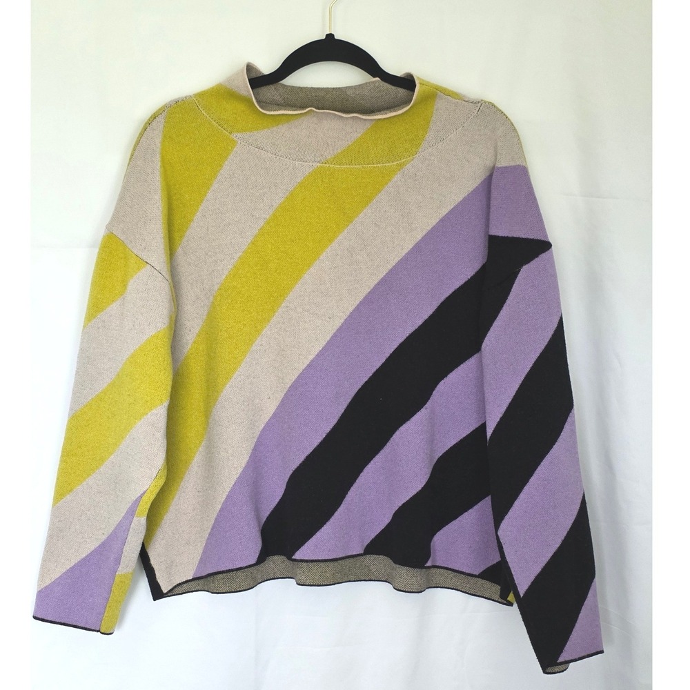 Maeve Anthropologie Diagonal Stripe Mock Neck Sweater Purple Yellow Black XL